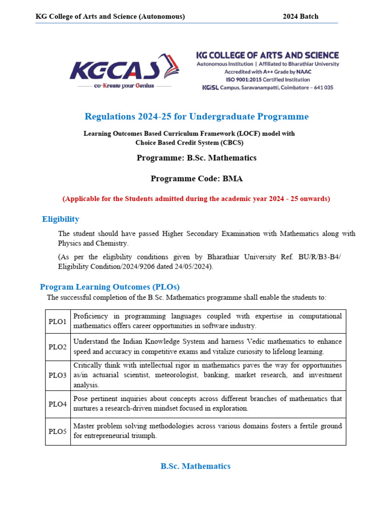 B.Sc. Mathematics Regulations 2024-25 | PDF | Force | Momentum