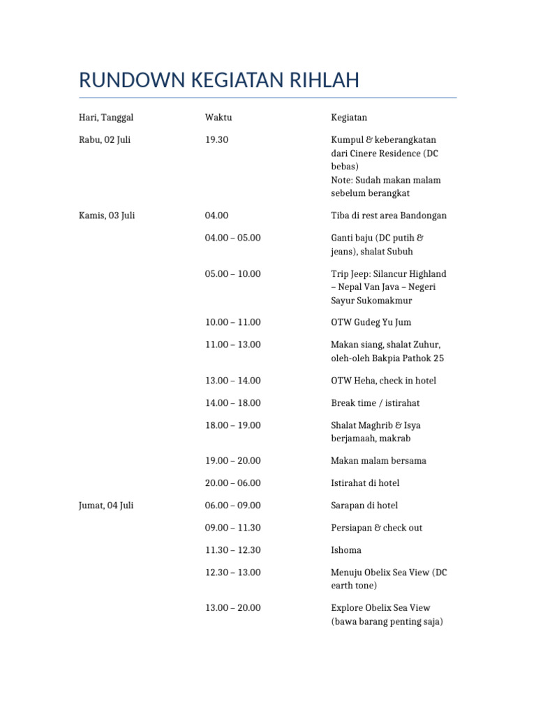 Rundown Kegiatan Rihlah 2-5 Juli | PDF
