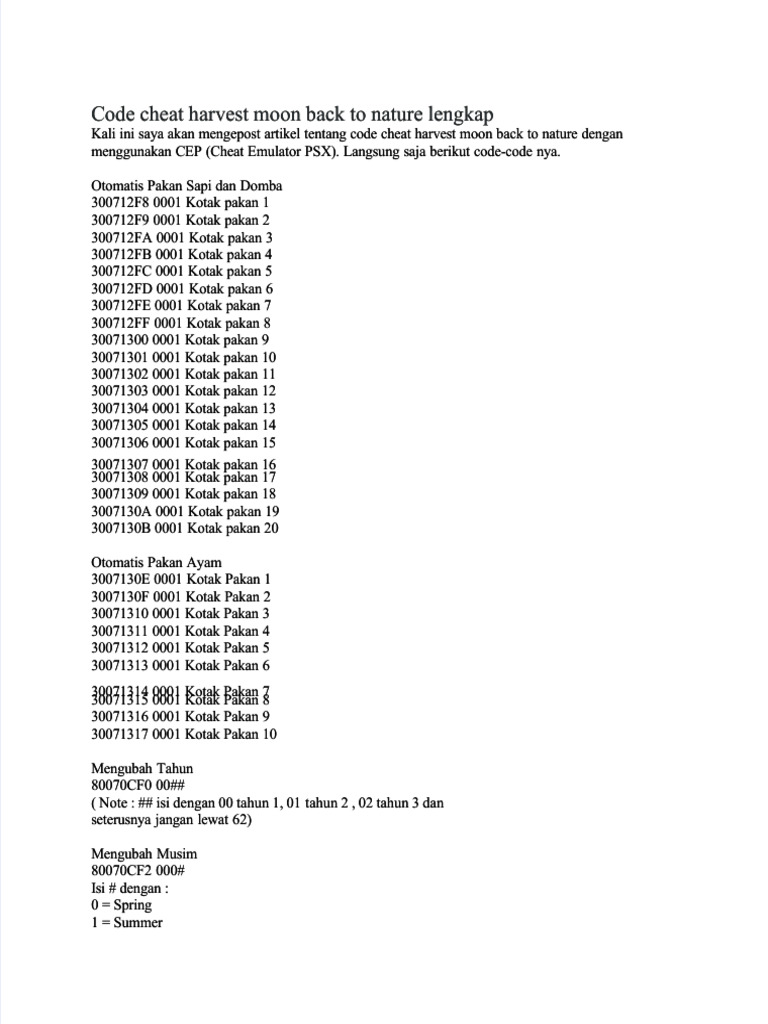 PDF Code Cheat Harvest Moon Back to Nature Lengkap Compress | PDF
