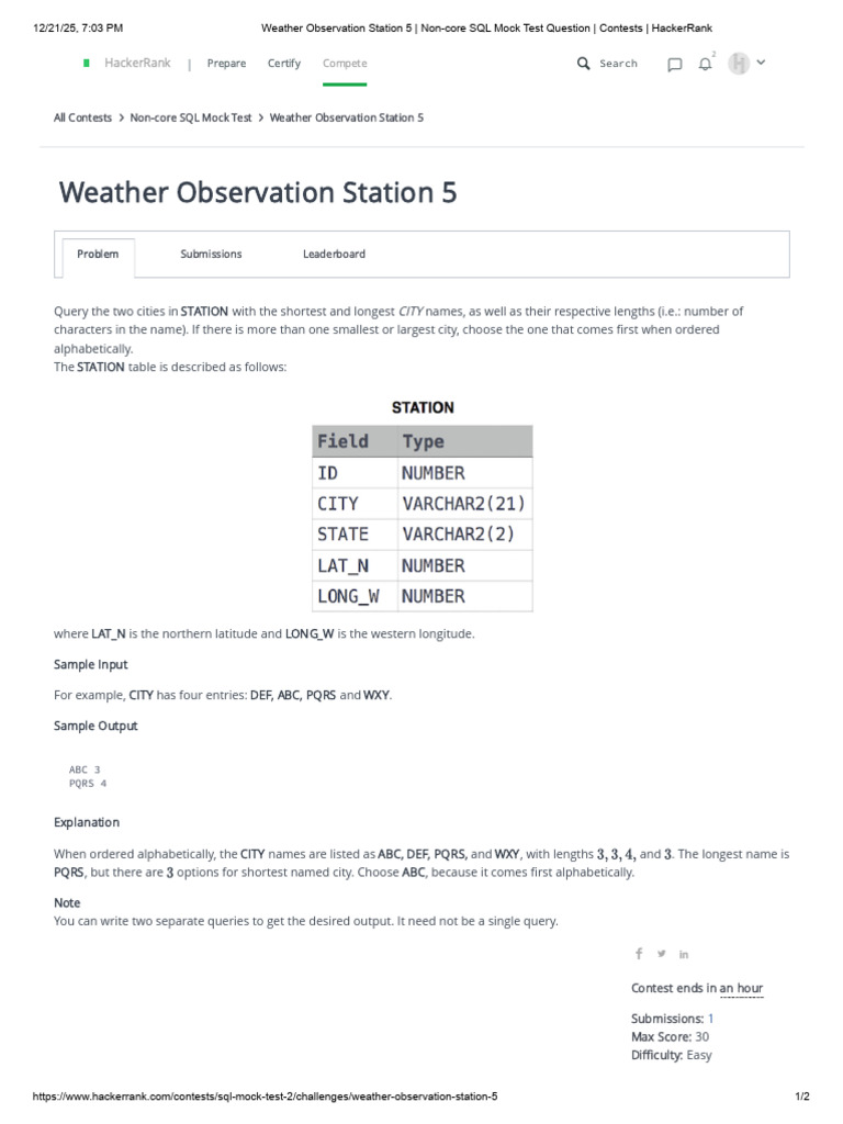 SQL Query Challenge: Weather Station | PDF | Computer Science ...