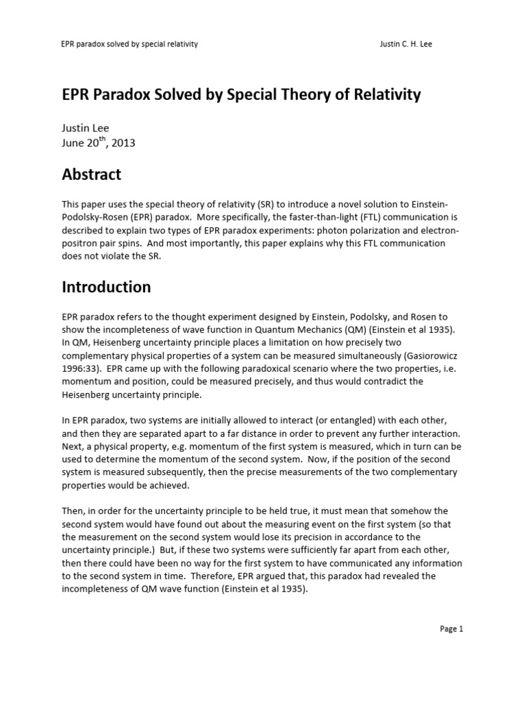 EPR Paradox Resolved via Relativity | PDF | Quantum Entanglement ...