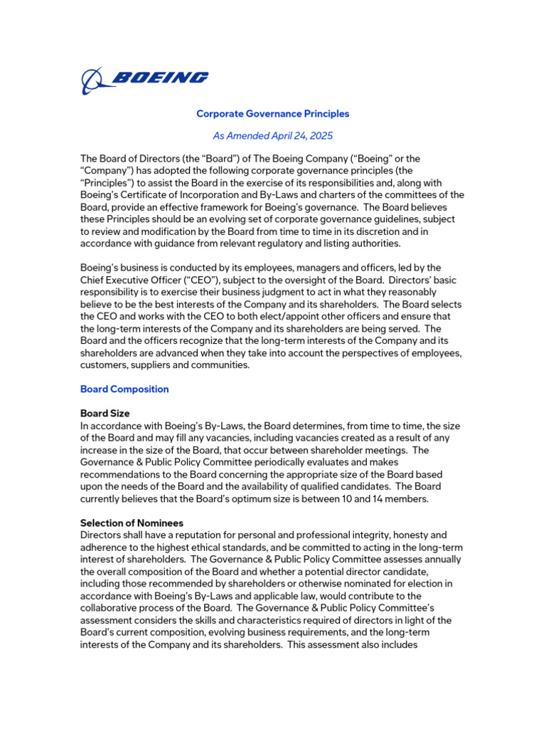 Boeing Corporate Governance Principles | PDF | Board Of Directors ...