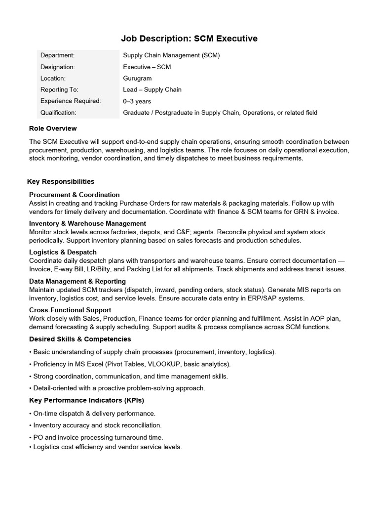 Job Description SCM Executive | PDF