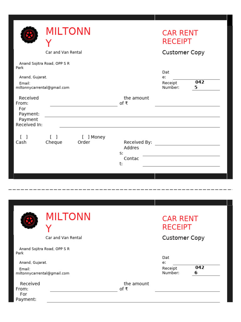 Miltonn Car Rental Receipt Template | PDF