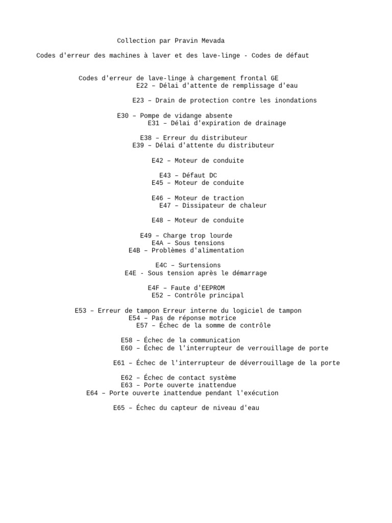 Codes d'erreur des lavelinge détaillés PDF Machine à laver Machine — free download