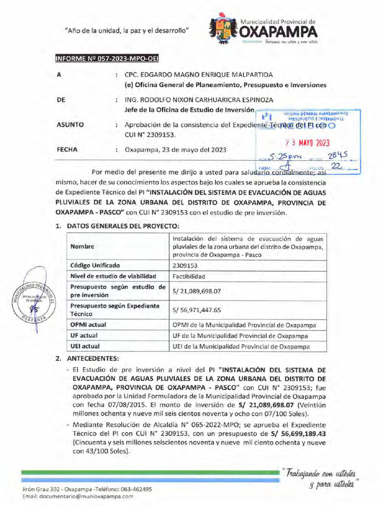 Informe N. 057 2023 Mpo Oei | PDF | Ingeniero civil | Ingeniería hidráulica