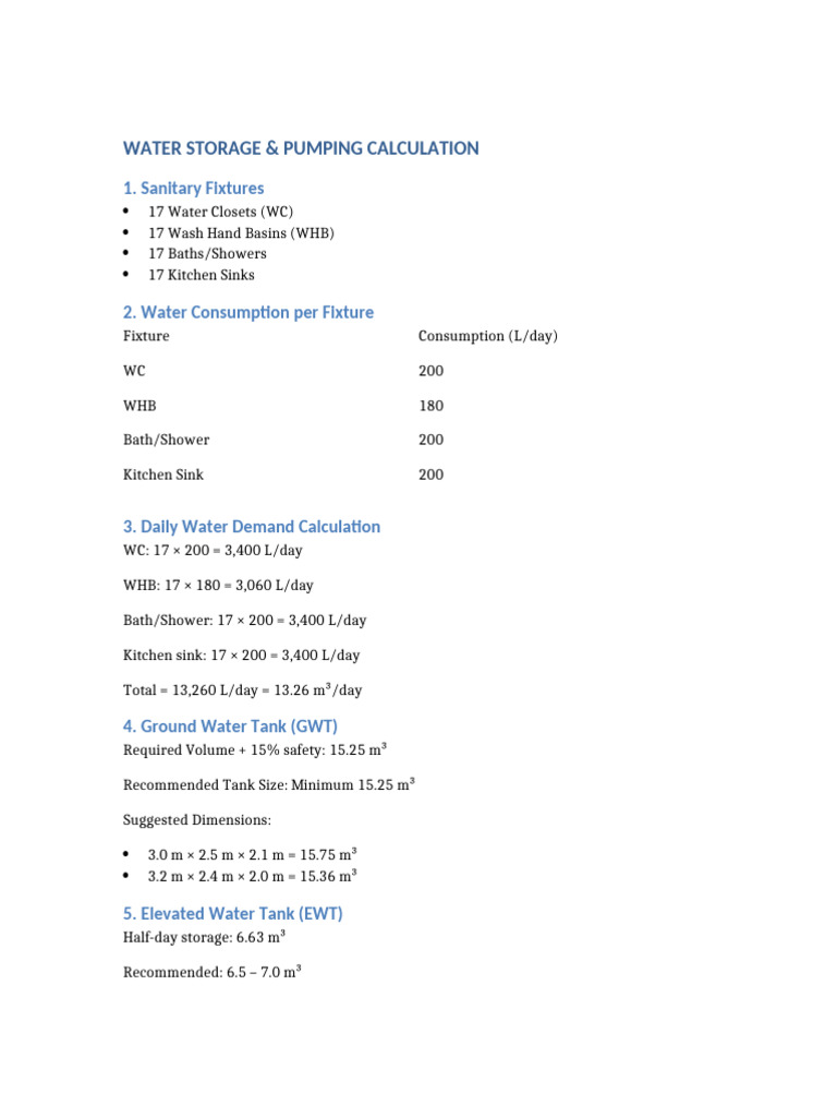 Water Storage & Pumping Calculations Guide | PDF