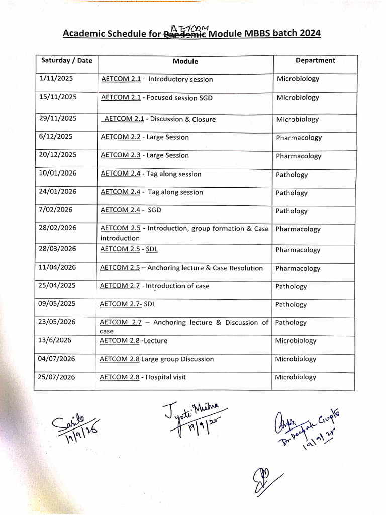 Academic Schedule For Aetcom Module Mbbs Batch 2024 | PDF
