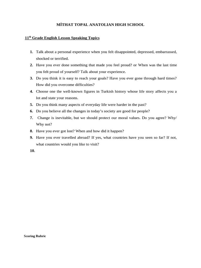 11th Grade Speaking 1st Exam 2nd Exam | PDF
