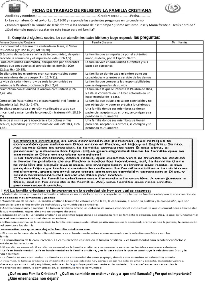 Ficha de Trabajo: La Familia Cristiana | PDF | Navidad | Jesús