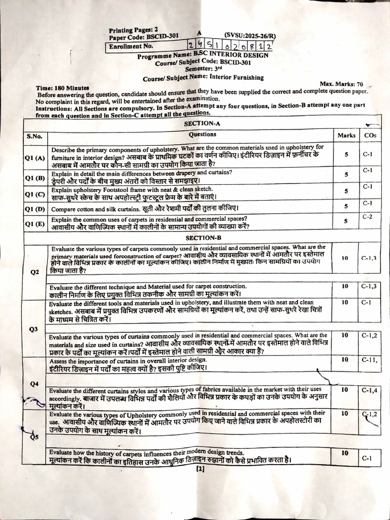 BSc Interior Design Exam Paper BSCID-301 | PDF | Carpet | Decorative Arts