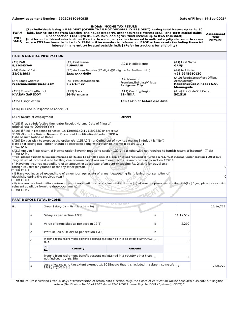 ITR1 Income Tax Return for FY 2025-26 | PDF | Insurance | Money