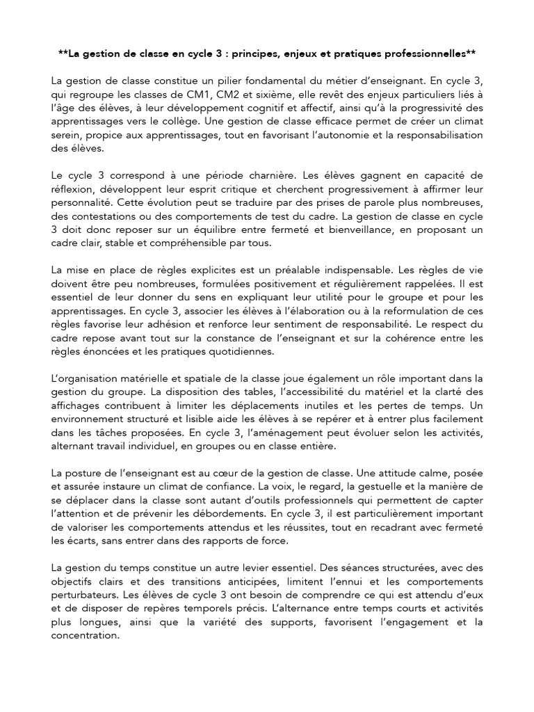 Gestion de classe en cycle 3 : enjeux clés | PDF | Pédagogie | Autonomie