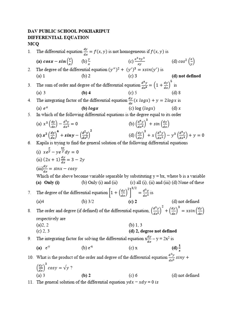 Differential Equations MCQs and Solutions | PDF | Equations ...