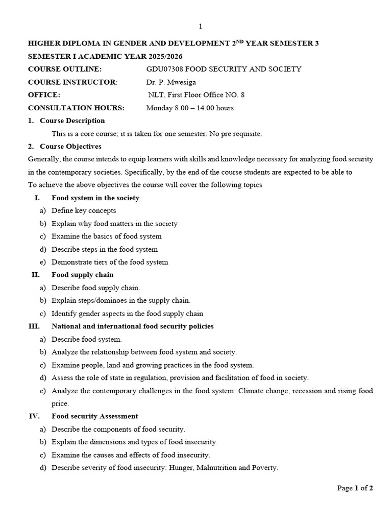 Food Security and Society Course Outline | PDF | Food Security | Food ...
