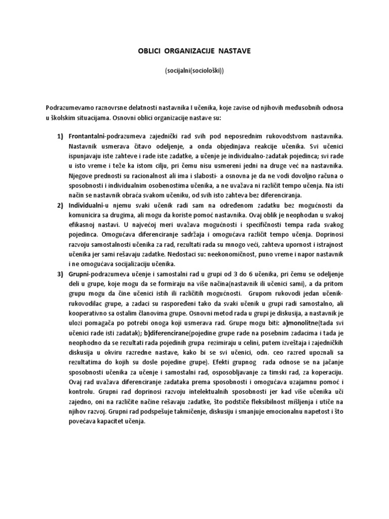 Oblici Organizacije Nastave | PDF