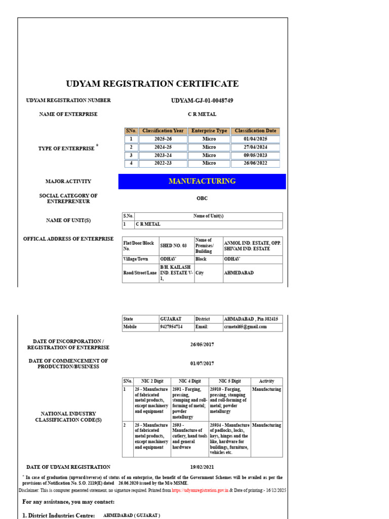 Udyam Registration for C R Metal | PDF