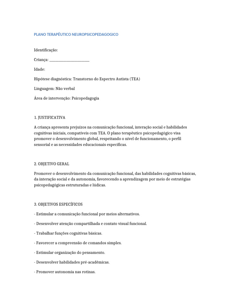 Plano Terapêutico para TEA em Crianças | PDF