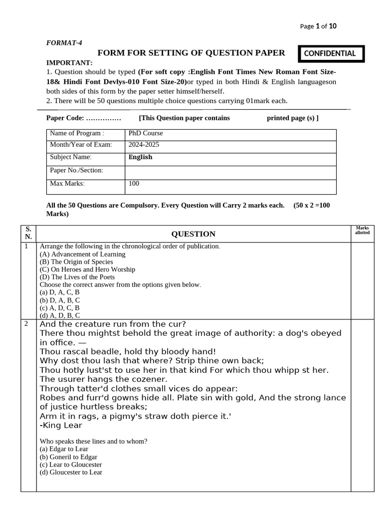PhD English Question Paper Format Guide | PDF | Metaphor | Rhetoric