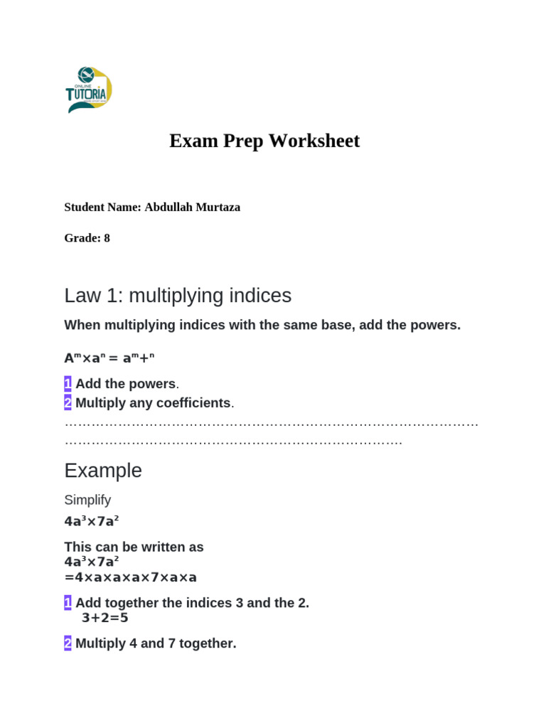 Laws of Indices Exam Prep Guide | PDF | Multiplication | Mathematical ...