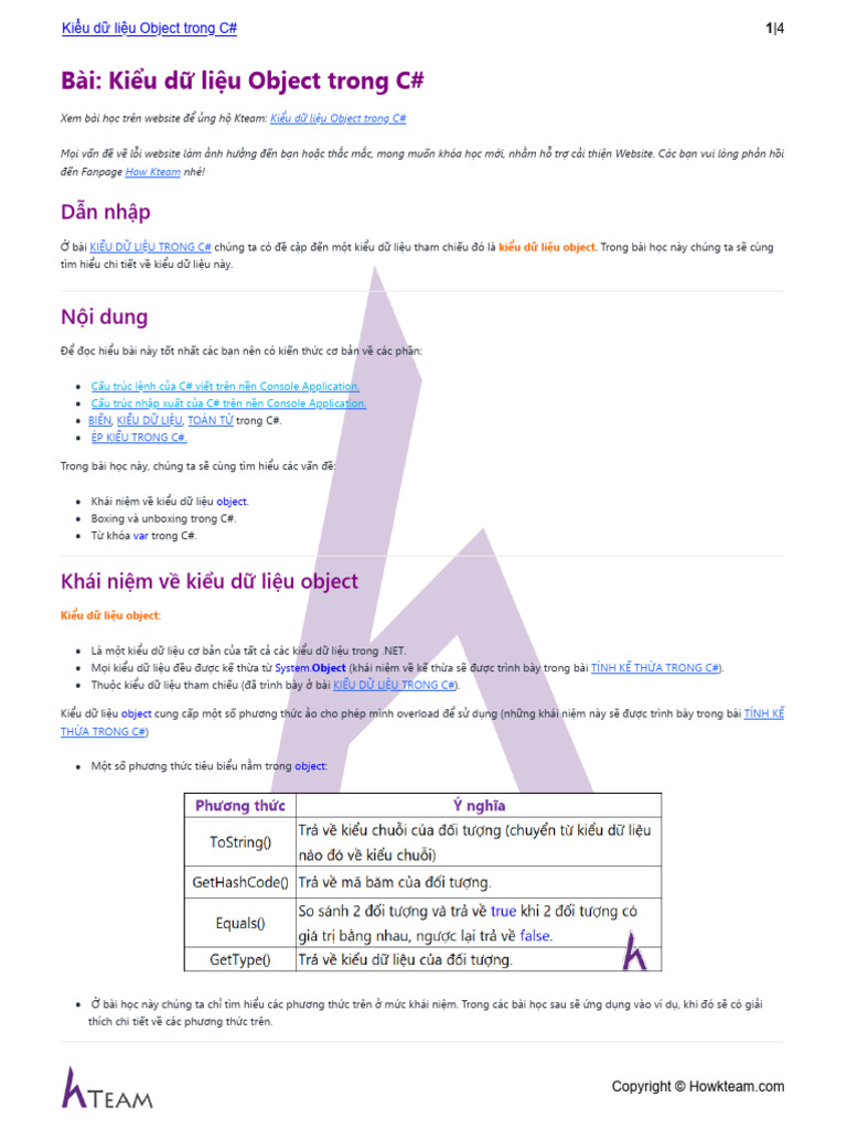 HOWKTEAM.vn - Kiểu Dữ Liệu Object Trong C# | PDF