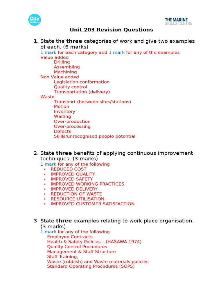 Unit 203 Revision Question Answers | PDF | Waste | Business