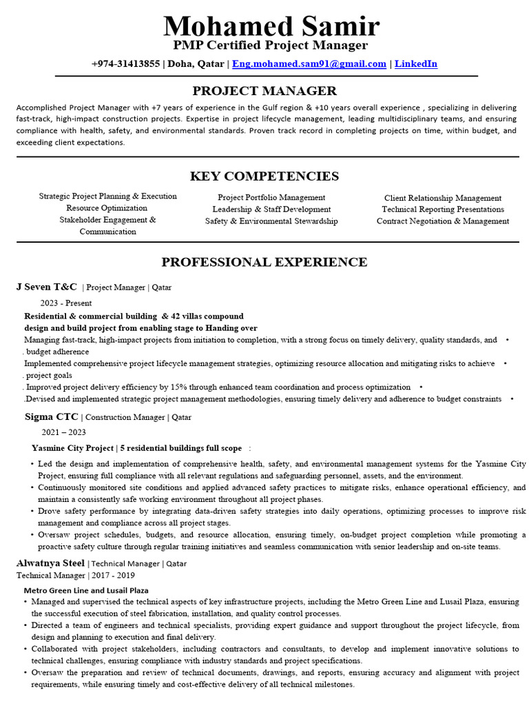 Project Manager Profile: Qatar Construction | PDF | Project Management ...