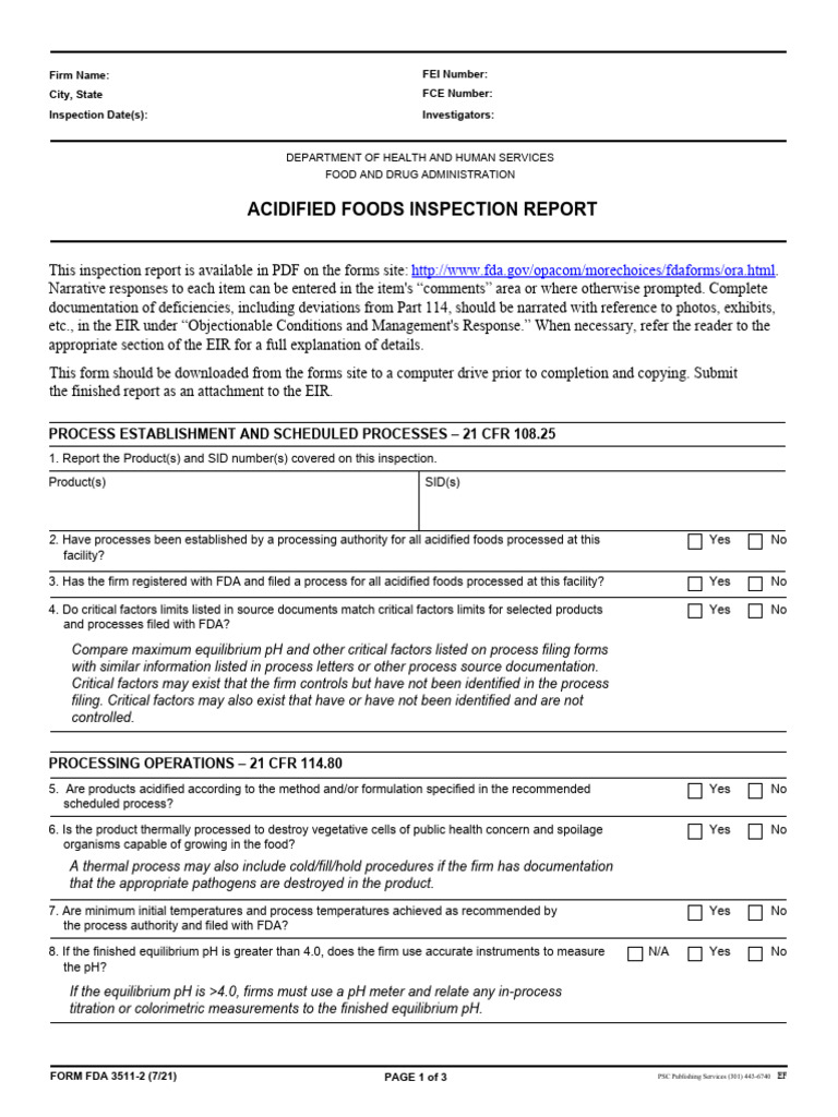 FDA Acidified Foods Inspection Report | PDF | Ph | Food And Drug ...