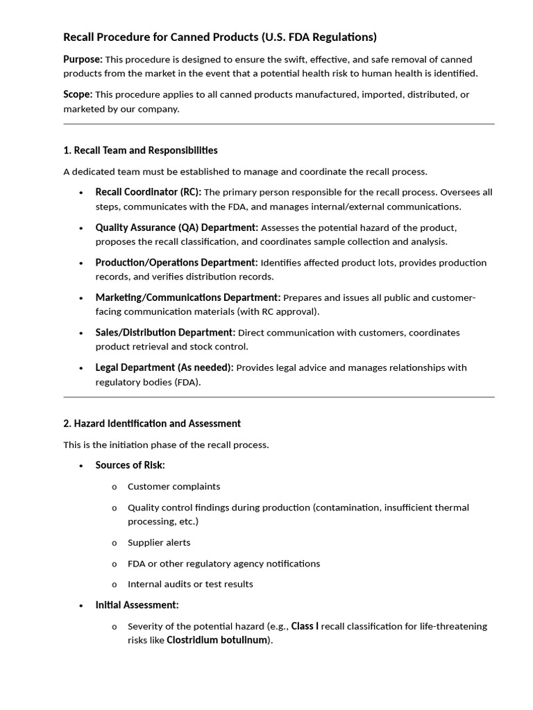 Canned Product Recall Procedure Guide | PDF | Food And Drug ...