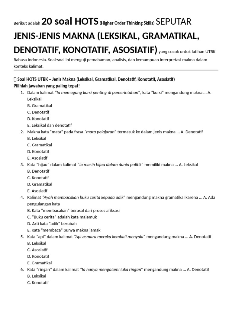 20 Soal HOTS Jenis2 Makna | PDF