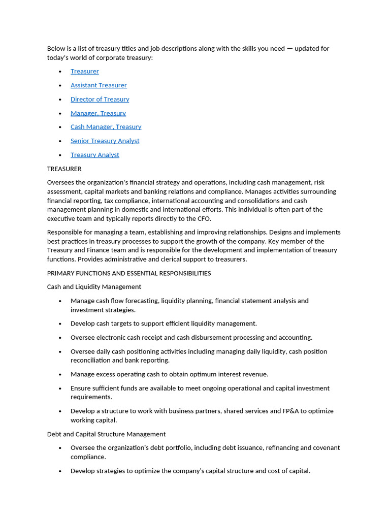 Treasury Job Titles and Descriptions | PDF | Financial Analyst | Banks