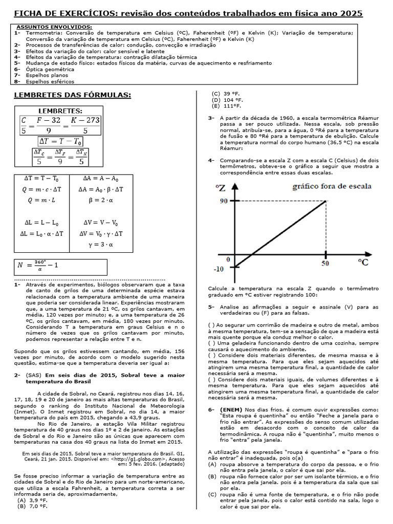 Exercícios de Física: Termometria e Calor | PDF | Calor | Espelho