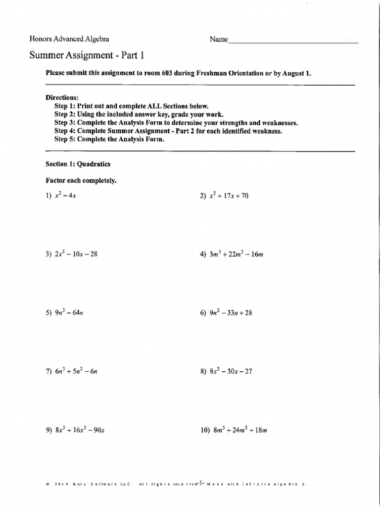 Honors Advanced Algebra Summer Assignment.00419d98637 Copy | PDF