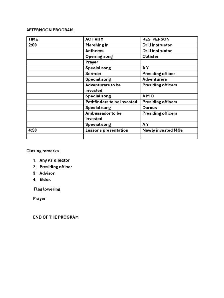 Afternoon Program Schedule Overview | PDF