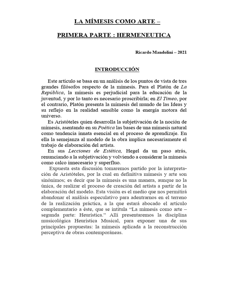 La Mímesis Como Arte - Hermenéutica | PDF | Platón | Georg Wilhelm ...