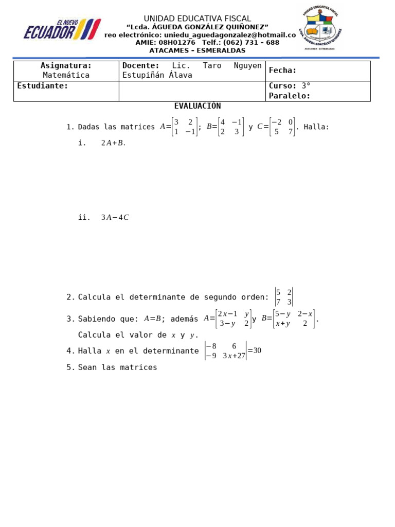 Evaluación de Matemáticas: Matrices y Determinantes | PDF