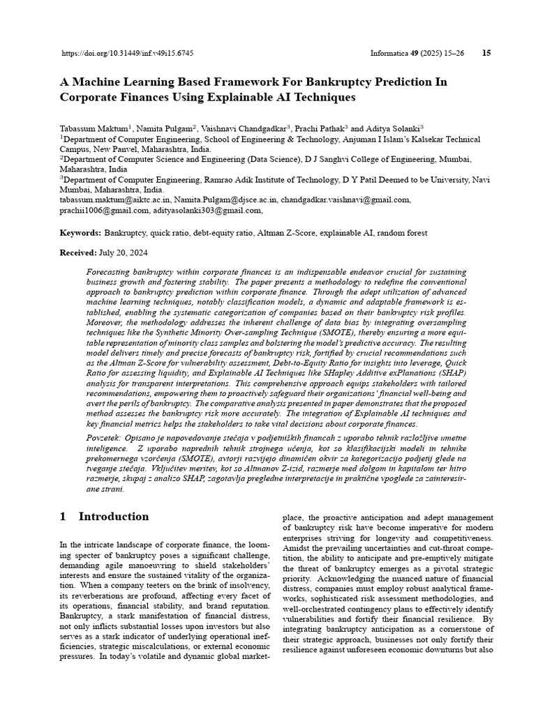 A Machine Learning Based Framework For Bankruptcy Prediction in ...