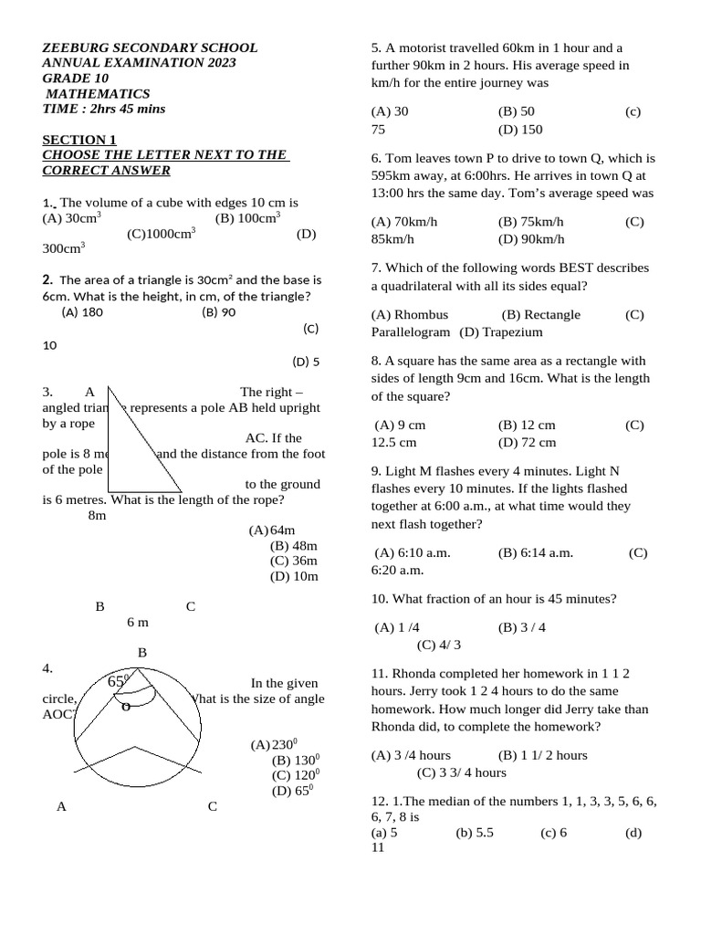 Grade 10 Mathematics Exam 2023 | PDF | Area | Elementary Geometry