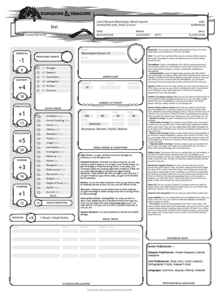 D&D Character Sheet: Weaveshaper Guide | PDF
