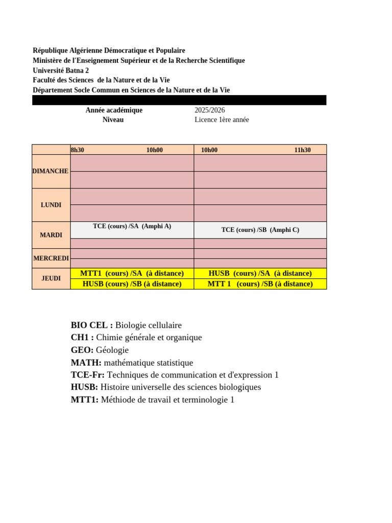 Emploi du temps Licence 1 Batna 2 | PDF