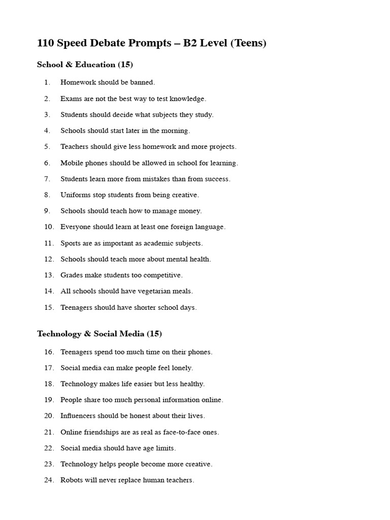 B2 Level Speed Debate Topics for Teens | PDF | Adolescence | Liberal ...