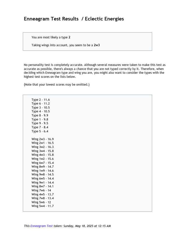 Enneagram Type 2 Test Results Summary | PDF
