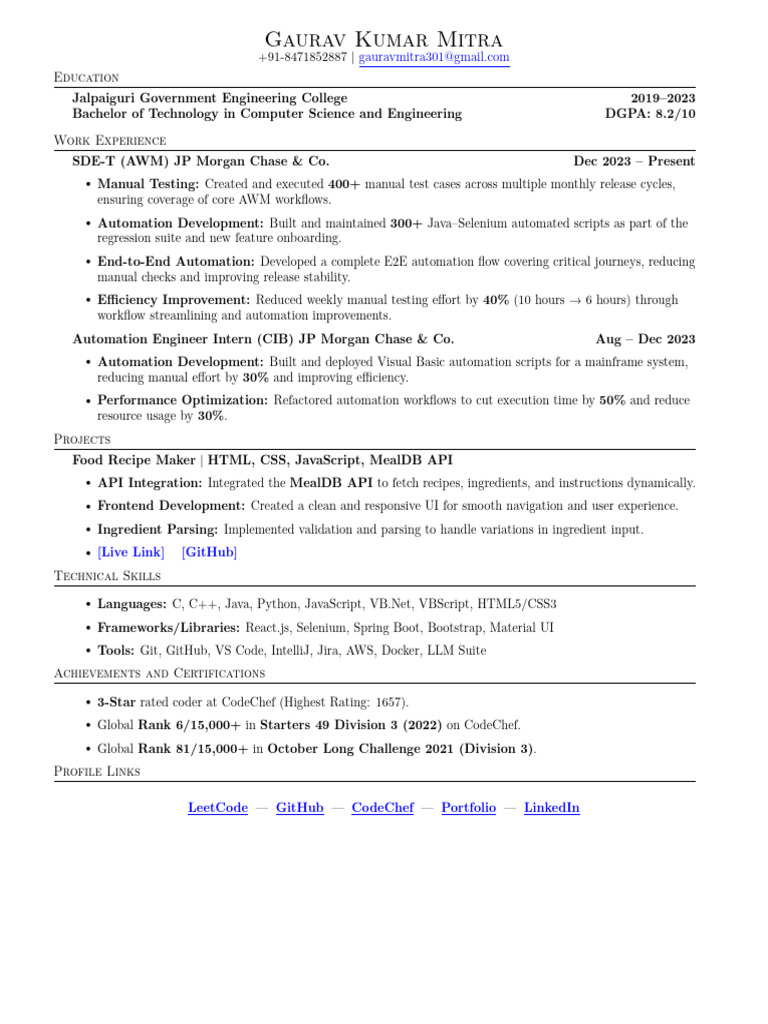 Gaurav Kumar Mitra - Software Engineer Resume | PDF | Selenium ...