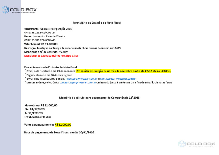 Emissão de Nota Fiscal para ColdBox | PDF