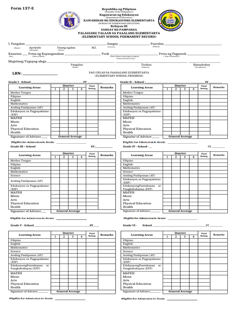 Form 137 Blank Grade 1 6 Pinal | PDF