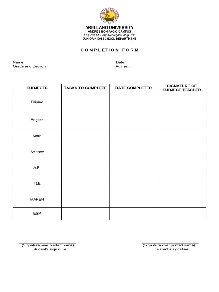 Arellano University JHS Completion Form | PDF