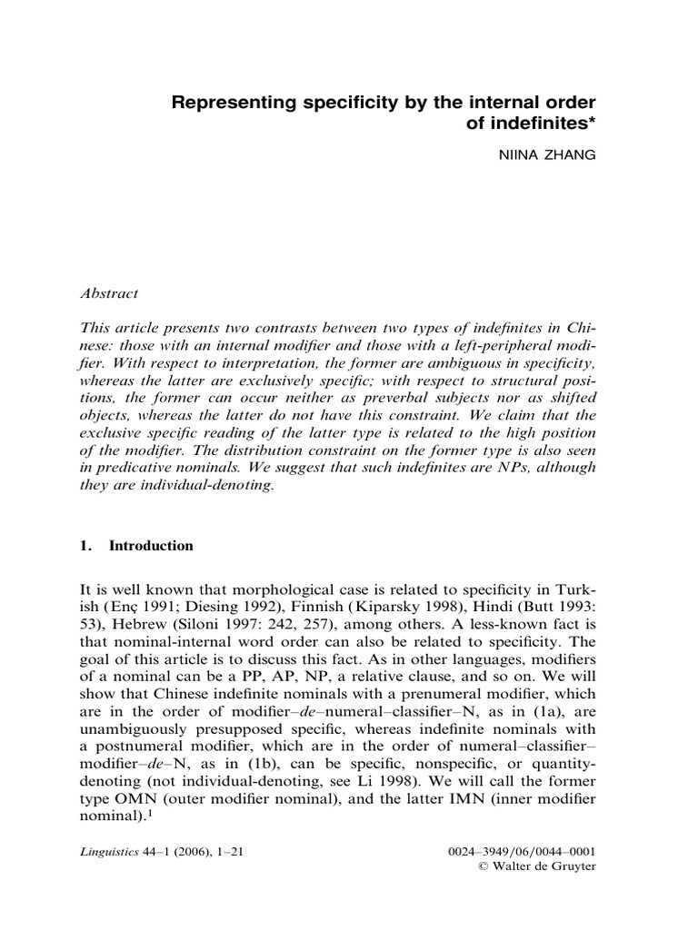 Specificity in Chinese Indefinites | PDF | Subject (Grammar) | Syntax