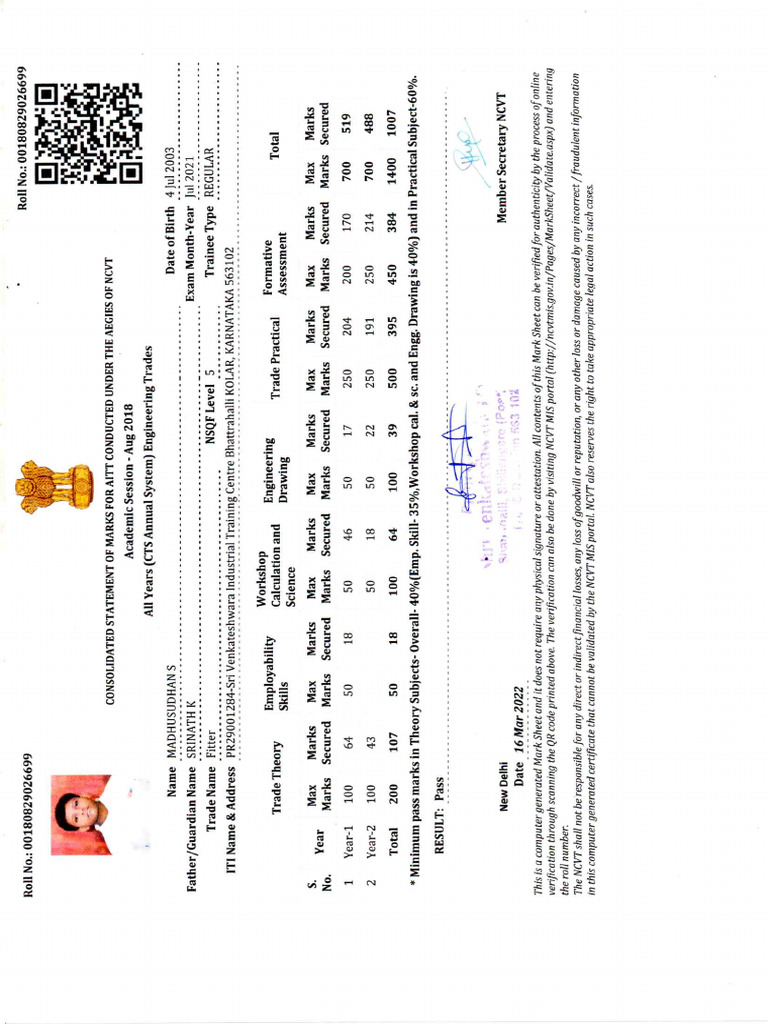Madhusudhan S Iti Marks Card 2 | PDF