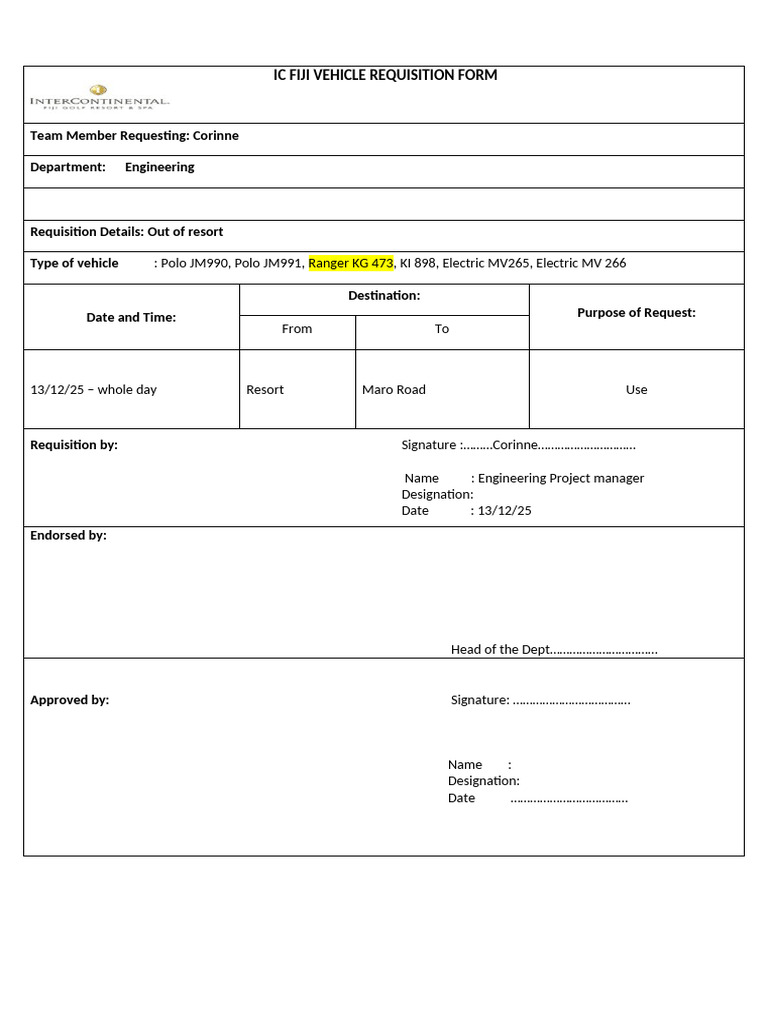 IC Fiji Vehicle Requisition Form | PDF