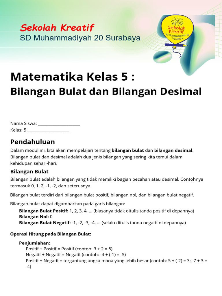 Modul Ajar Matematika Kelas 5 Bilangan Bulat Dan Bilangan Desimal ...